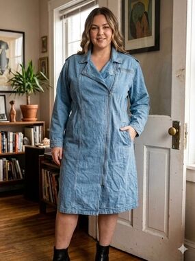 Vintage Gasp By Gallucci Light Blue Denim Moto-Style Long Sleeve Dress